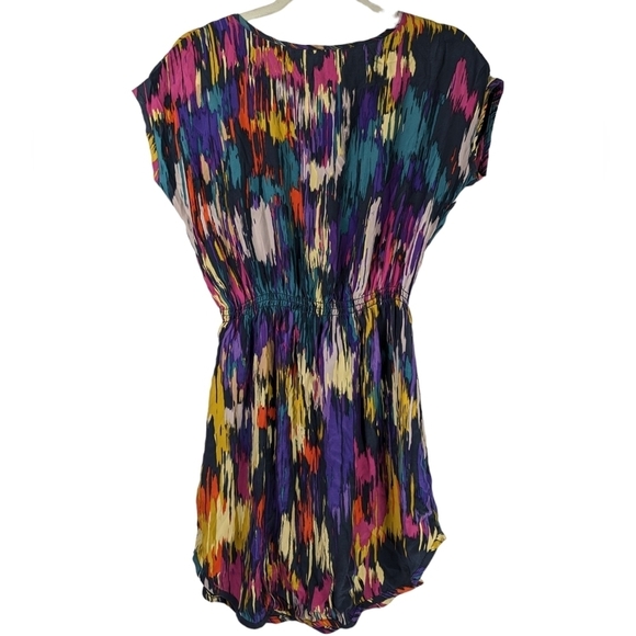 Women's SILK Cap Sleeve Multicolor Abstract Party Blouson Mini Dress Size M - Picture 3 of 15